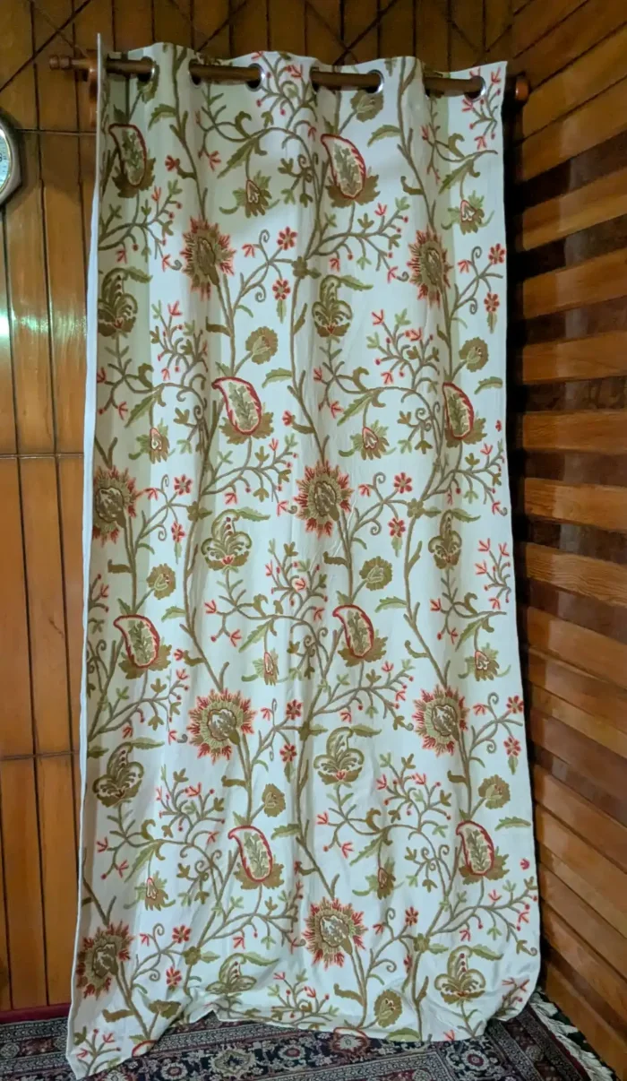 Kashmiri Creamy Premium Cotton Curtain with Hand Crewel Floral Trails - Image 2