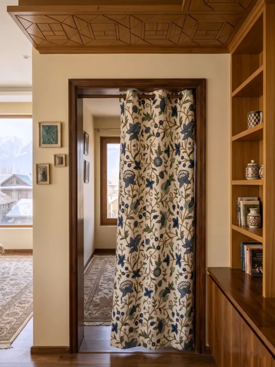 Blue Curtain in Premium Cotton with All-Over Hand Crewelwork from Kashmir