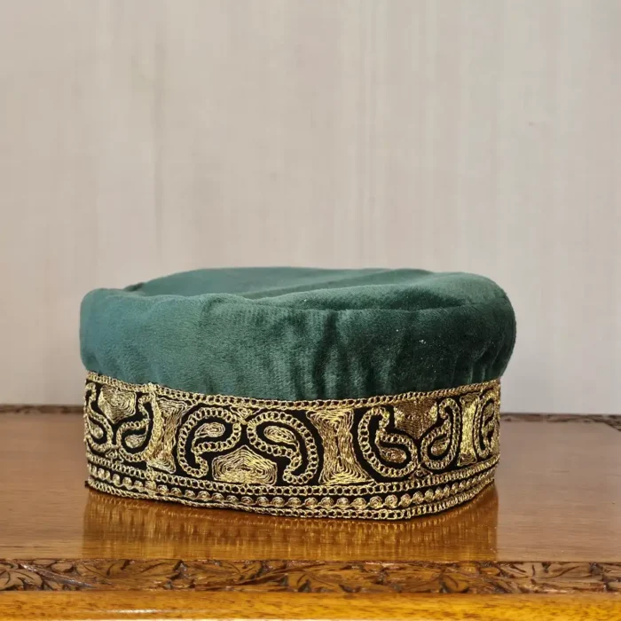 Zufaiz Green Kashmiri Velvet Cap with Tilla Badam Motifs