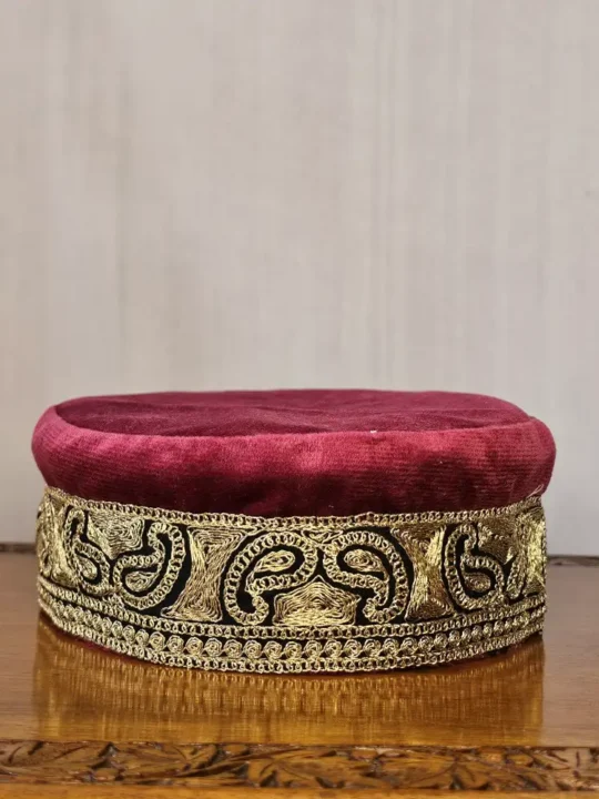 Maroon Kashmiri Velvet Tilla Kids Cap with Badam Work
