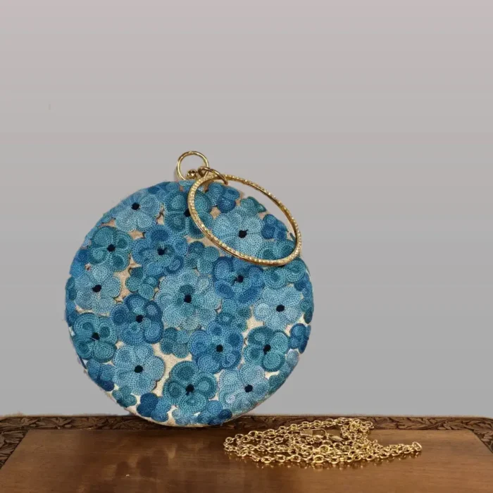 Kashmiri Aari Embroidered Round Beige Color Clutch with Sling - Pahalgam Collection