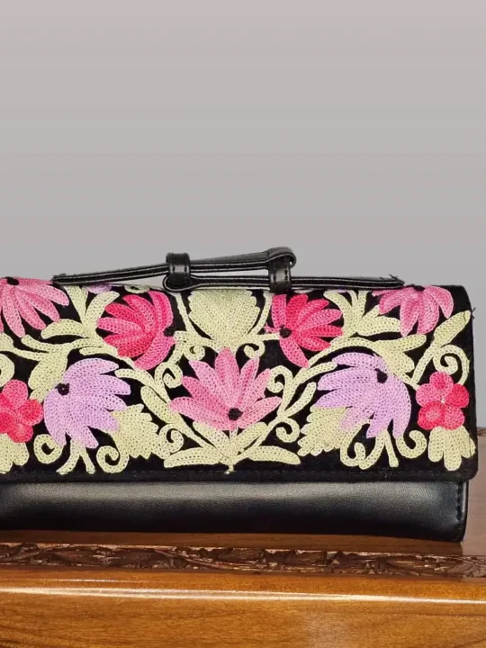 Kashmiri Rich Black Wallet with Floral Aari Embroidery and Handle - Pahalgam Collection