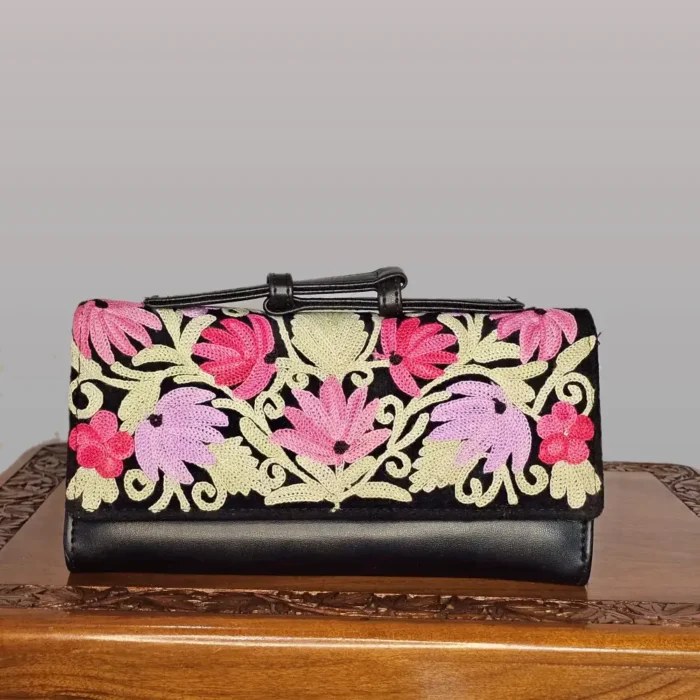 Kashmiri Rich Black Wallet with Floral Aari Embroidery and Handle - Pahalgam Collection