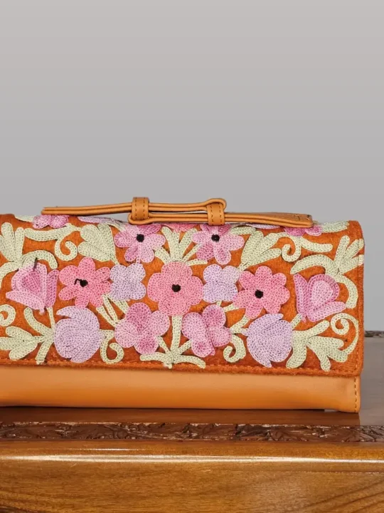 Brown Kashmiri Wallet with Aariwork and Top Carry Handle - Pahalgam Collection