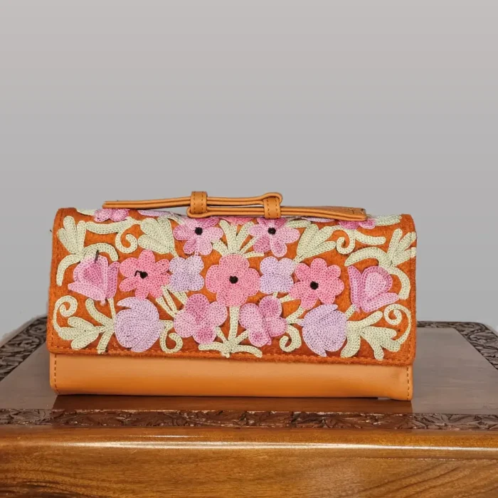 Brown Kashmiri Wallet with Aariwork and Top Carry Handle - Pahalgam Collection