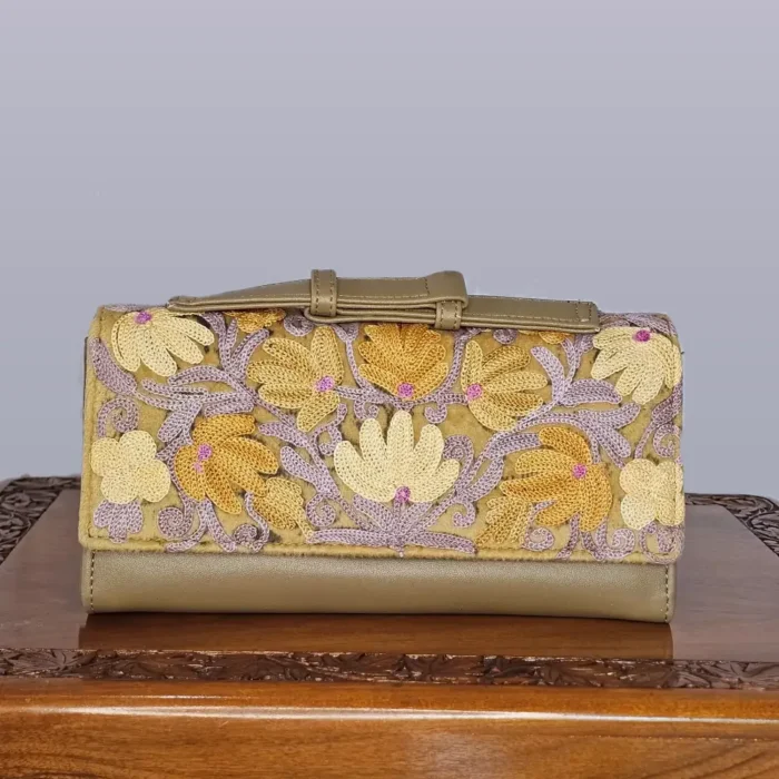 Kashmiri Beige Wallet with Delicate Aari Work and Top Grip - Pahalgam Collection