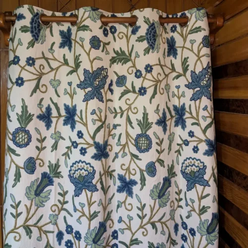 Blue Curtain in Premium Cotton with All-Over Hand Crewelwork from Kashmir