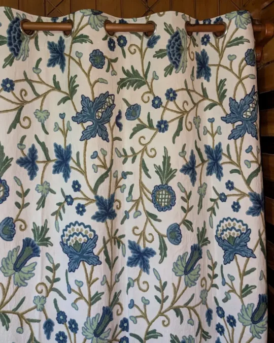 Blue Curtain in Premium Cotton with All-Over Hand Crewelwork from Kashmir