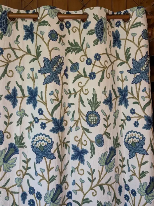 Blue Curtain in Premium Cotton with All-Over Hand Crewelwork from Kashmir