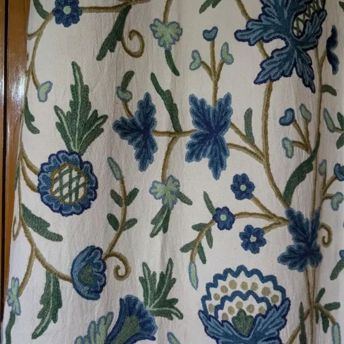 Blue Curtain in Premium Cotton with All-Over Hand Crewelwork from Kashmir - Image 2