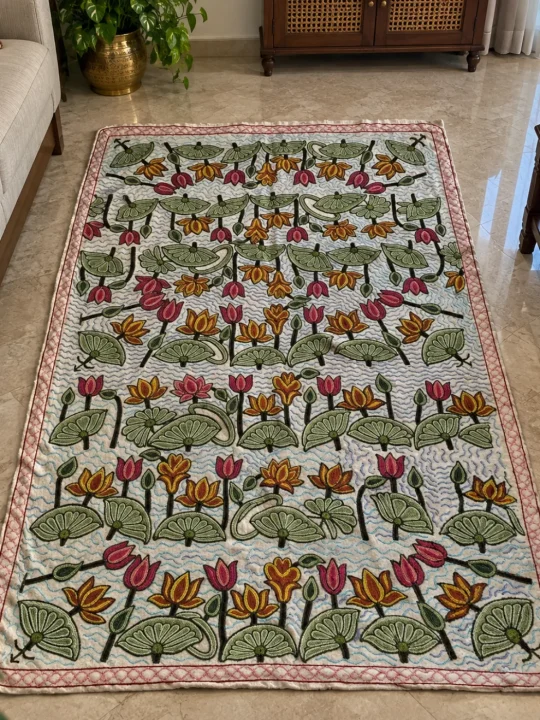 Cream Wool Namda Rug - Premium Floating Lotus Garden with Dal Lake Waves Design | 6x4 ft | Hand Aari Emb