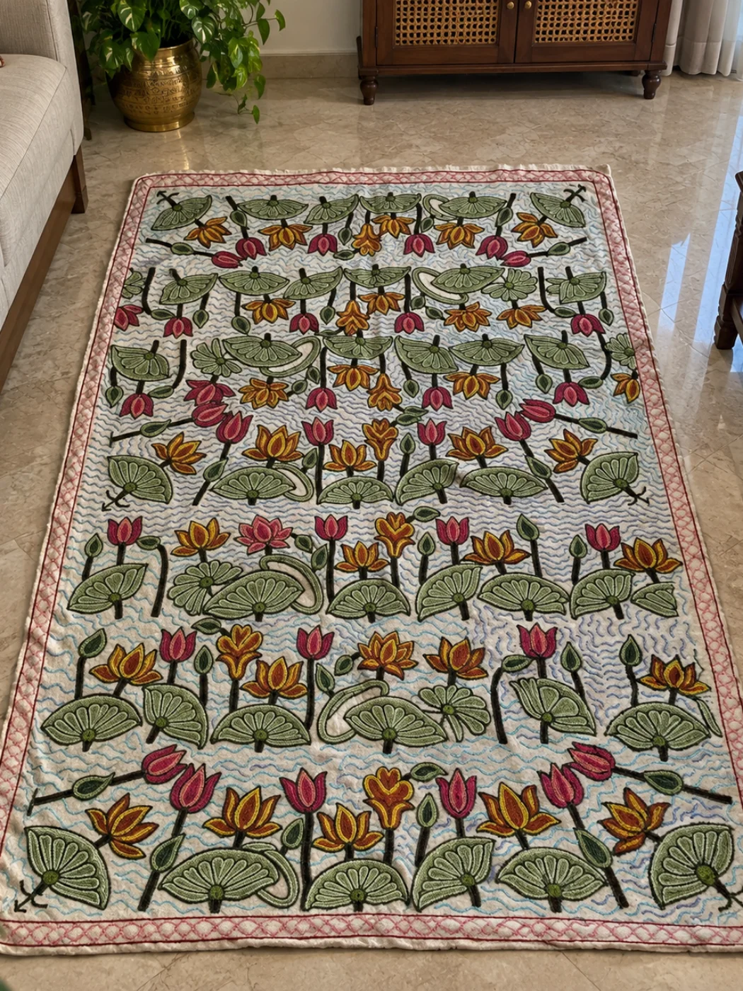 Cream Wool Namda Rug - Premium Floating Lotus Garden with Dal Lake Waves Design | 6x4 ft | Hand Aari Emb