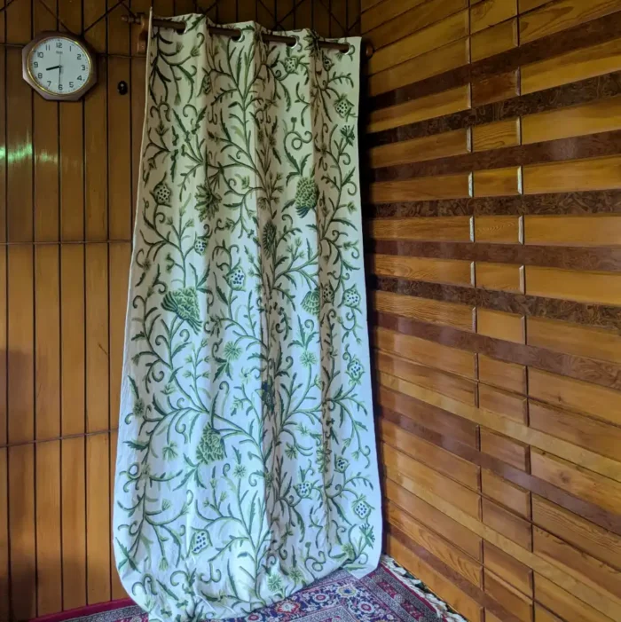 Kashmiri Premium Cotton Green Curtain with Hand Crewel Embroidery - Image 2