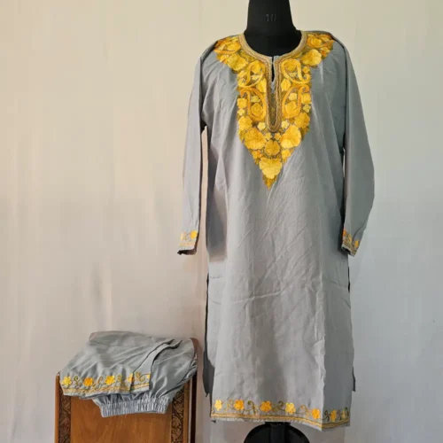 Kashmiri Dark Grey Kurta Set with Aari Embroidery - Falaq
