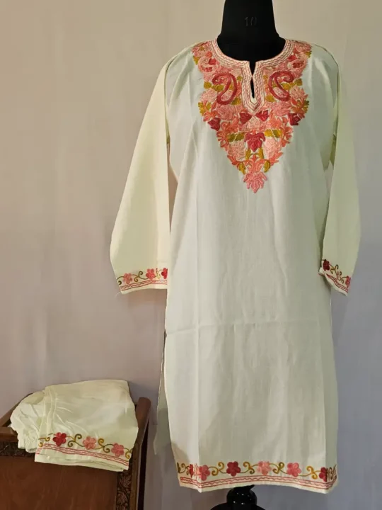 Kashmiri Creamy Kurta Set with Aari Embroidery - Falaq