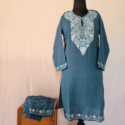 Kashmiri Teal Blue Kurta Set with Aari Embroidery - Falaq