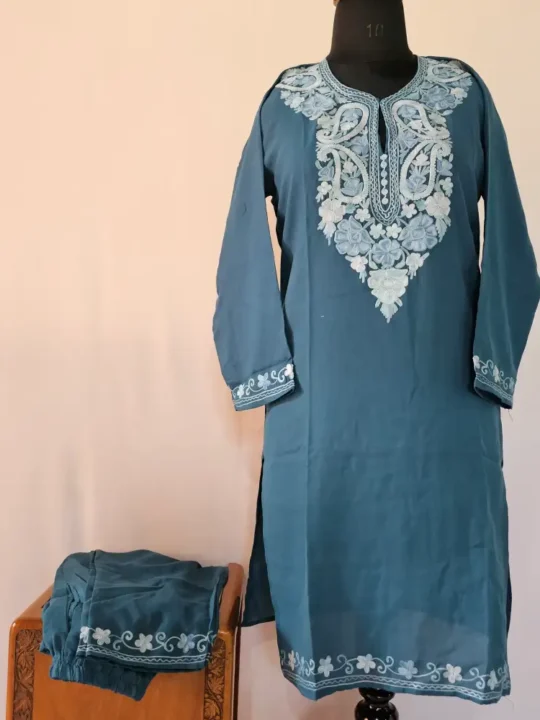Kashmiri Teal Blue Kurta Set with Aari Embroidery - Falaq