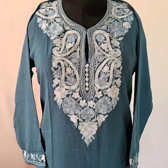 Kashmiri Teal Blue Kurta Set with Aari Embroidery - Falaq - Image 2