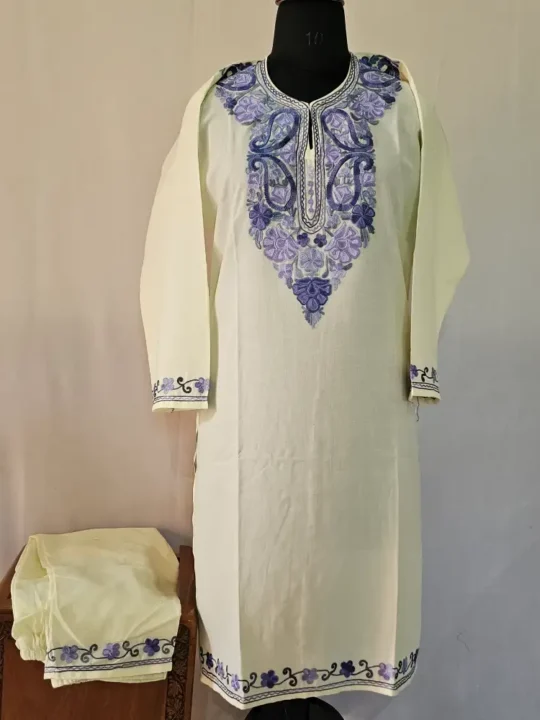 Creamy Kashmiri Kurta Set with Aari Embroidery - Falaq