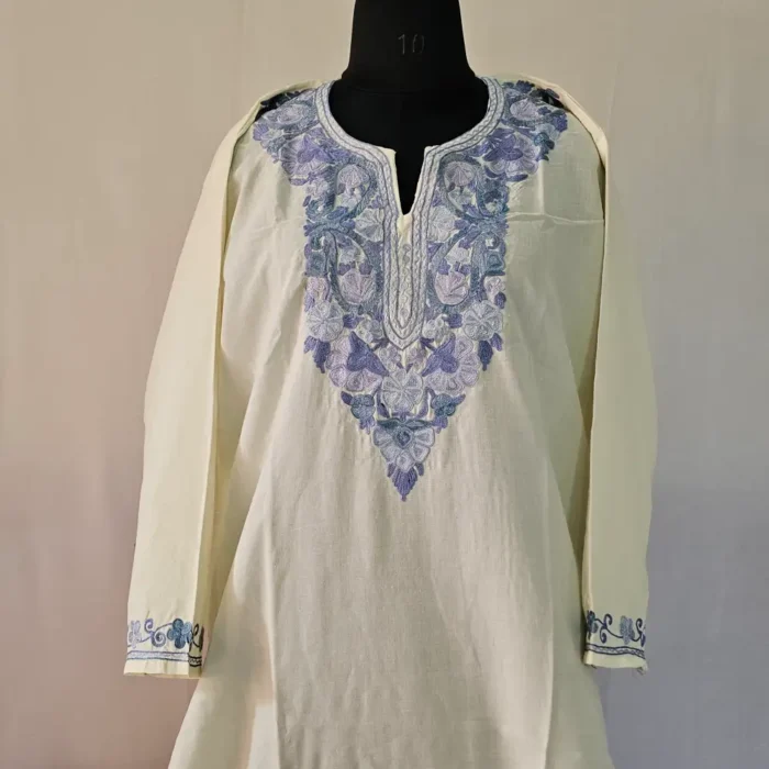 Kashmiri Kurta Set with Aari Embroidery in CreamColor - Falaq - Image 2