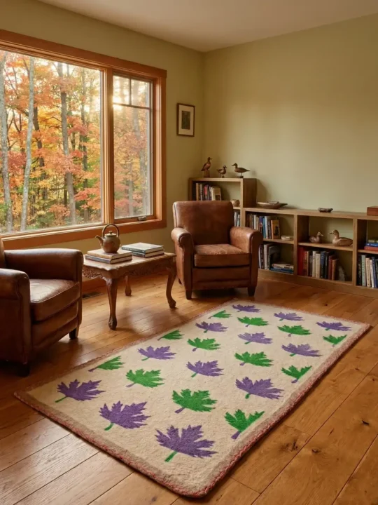 Premium Cream Kashmiri Namda Rug with Blue-Green Chinar Leaves – 7x3 ft