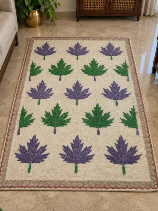 Premium Cream Kashmiri Namda Rug with Blue-Green Chinar Leaves – 7x3 ft