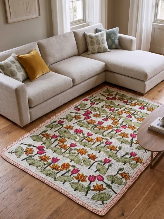 Cream Wool Namda Rug - Premium Floating Lotus Garden with Dal Lake Waves Design | 6x4 ft | Hand Aari Emb