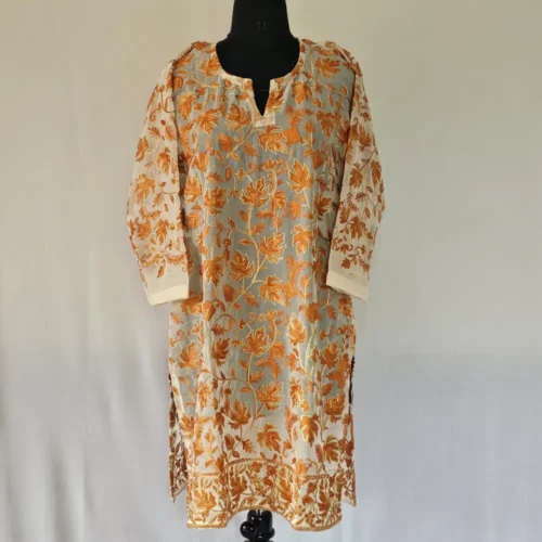 Long Georgette Light Yellow Kurti with Kashmiri Aari Embroidery - Lal Bazar Collection