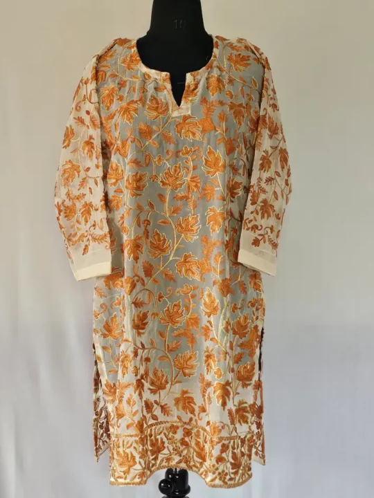 Long Georgette Light Yellow Kurti with Kashmiri Aari Embroidery - Lal Bazar Collection
