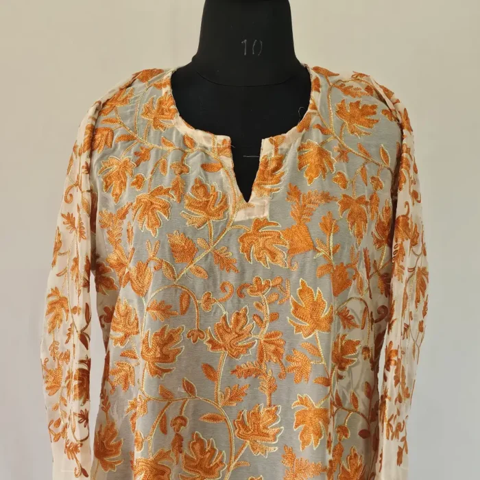 Long Georgette Light Yellow Kurti with Kashmiri Aari Embroidery - Lal Bazar Collection - Image 2