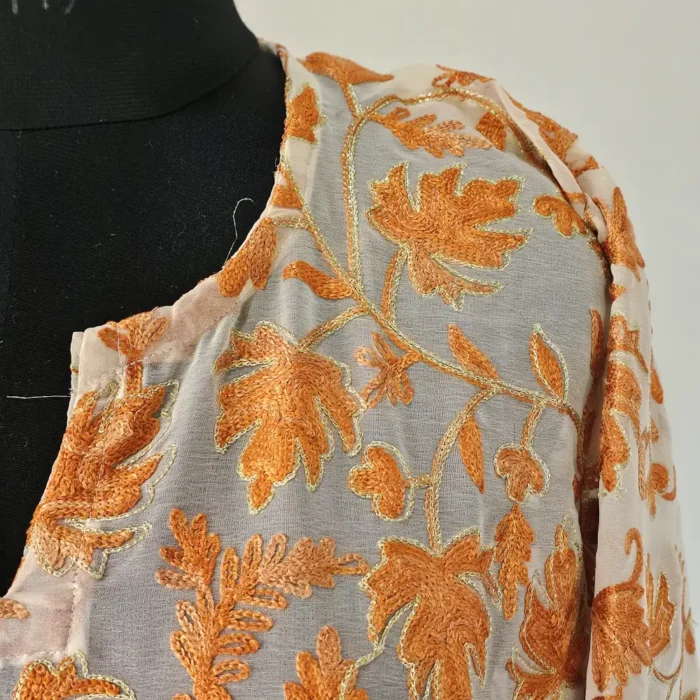 Long Georgette Light Yellow Kurti with Kashmiri Aari Embroidery - Lal Bazar Collection - Image 3