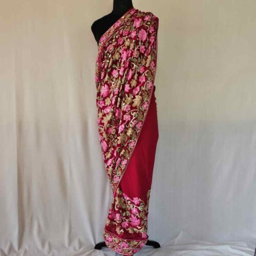 Kashmiri Red Chinar Saree with Multi Ari Work | Lal Bazaar