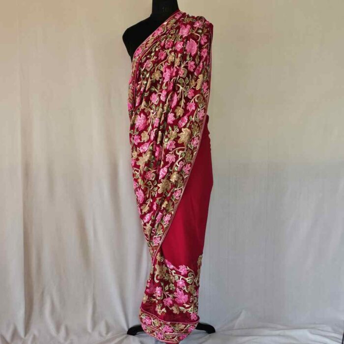 Kashmiri Red Chinar Saree with Multi Ari Work | Lal Bazaar