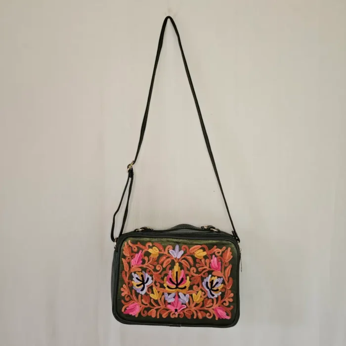 Kashmiri Floral Green Messenger Box Bag with Sling and Dual Pockets - Pahalgam Collection - Image 2