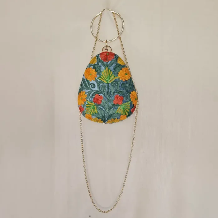 Kashmiri Almond-Shaped Aari Embroidered Grey Clutch with Sling - Pahalgam Collection - Image 2