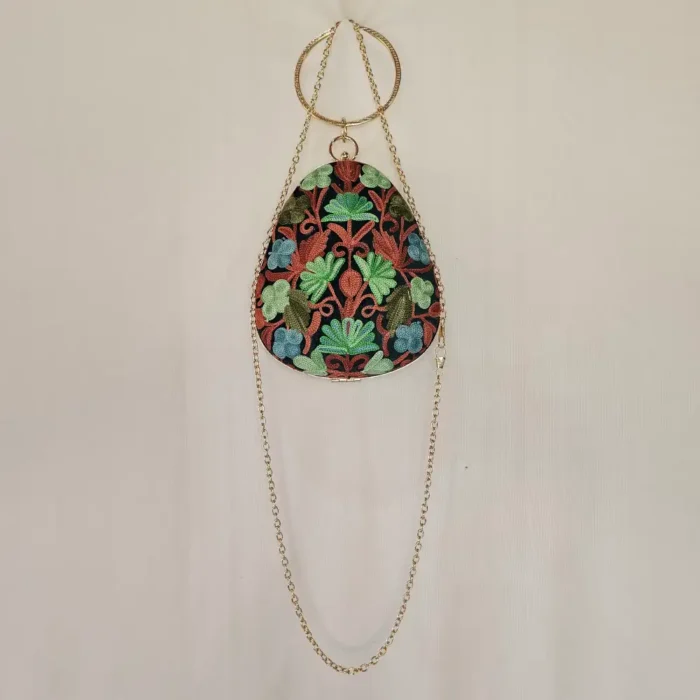 Dark Green Almond-Shaped Aari Embroidered Kashmiri Clutch with Sling - Pahalgam Collection - Image 2