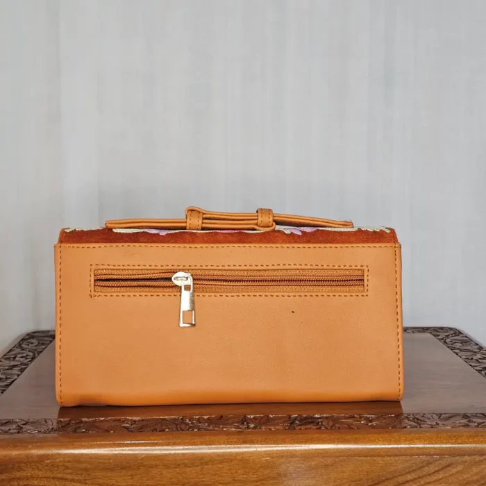 Brown Kashmiri Wallet with Aariwork and Top Carry Handle - Pahalgam Collection - Image 3