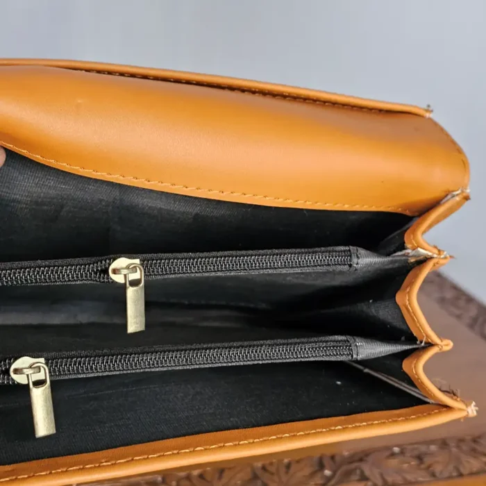 Brown Kashmiri Wallet with Aariwork and Top Carry Handle - Pahalgam Collection - Image 5