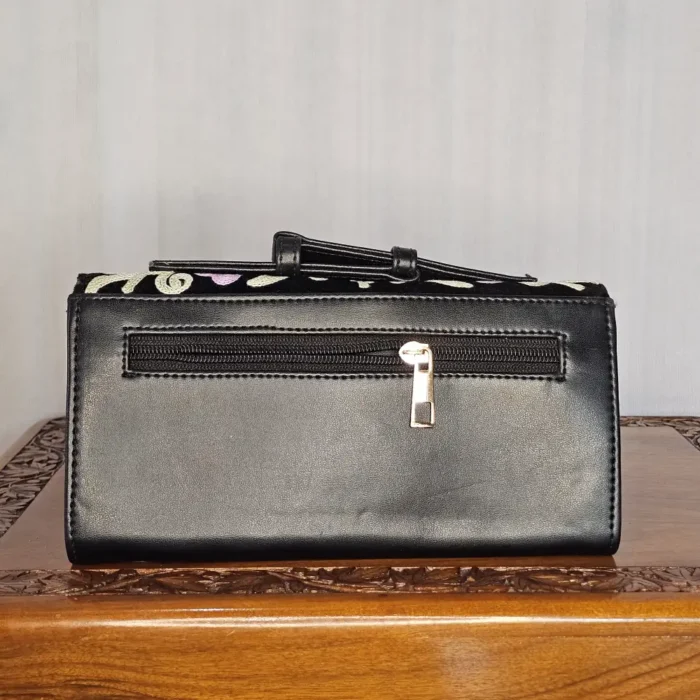 Kashmiri Rich Black Wallet with Floral Aari Embroidery and Handle - Pahalgam Collection - Image 3
