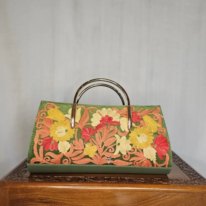 Kashmiri Clutch with Classic Aari Detailing and Steel Handle - Image 3