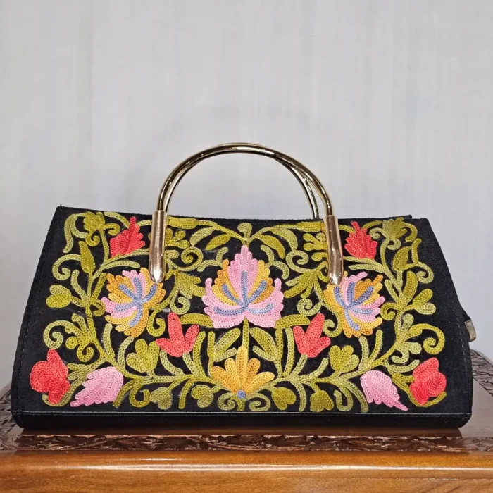 Kashmiri Aari Black Clutch with Sling and Steel Handle - Image 3
