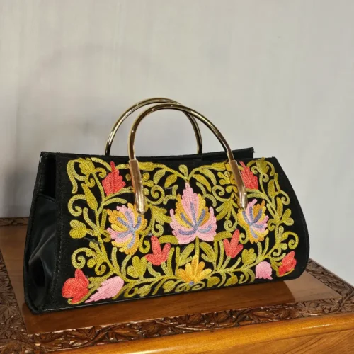 Kashmiri Aari Black Clutch with Sling and Steel Handle