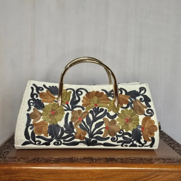 Kashmiri Embroidered White Clutch with Chain and Steel Handle - Image 3