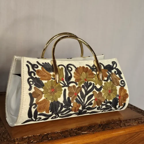 Kashmiri Embroidered White Clutch with Chain and Steel Handle