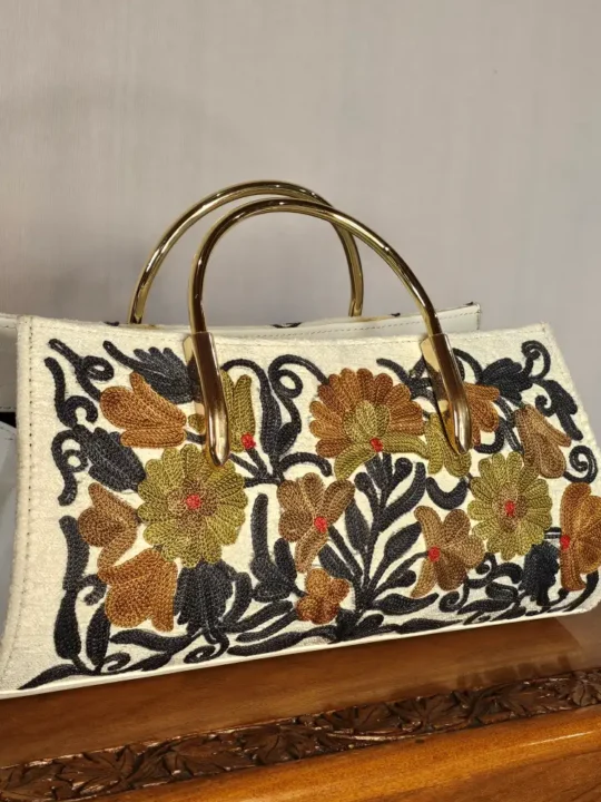 Kashmiri Embroidered White Clutch with Chain and Steel Handle