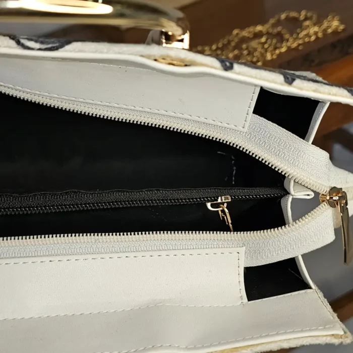 Kashmiri Embroidered White Clutch with Chain and Steel Handle - Image 4