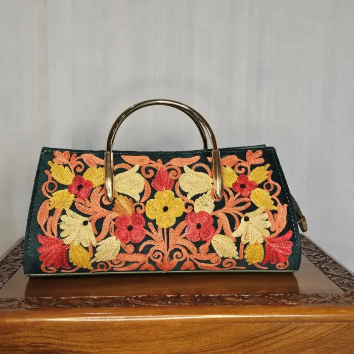 Kashmiri Aari Embroidered Green Clutch with Steel Handle - Pahalgam Collection - Image 3
