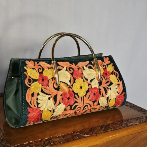 Kashmiri Aari Embroidered Green Clutch with Steel Handle - Pahalgam Collection