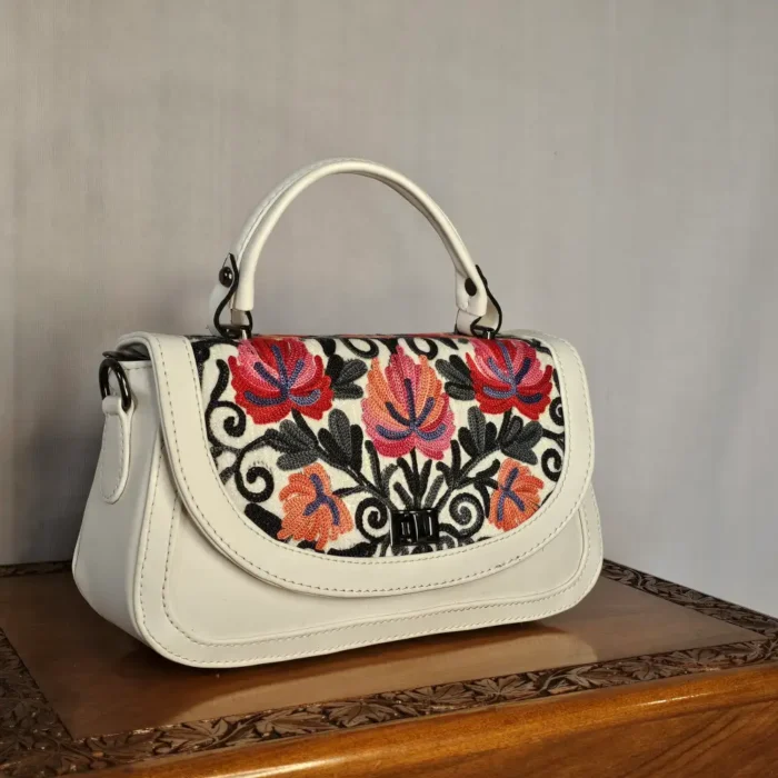 Small Kashmiri White Handbag | Sling with Top Handle - Aari Work - Pahalgam Collection - Image 3