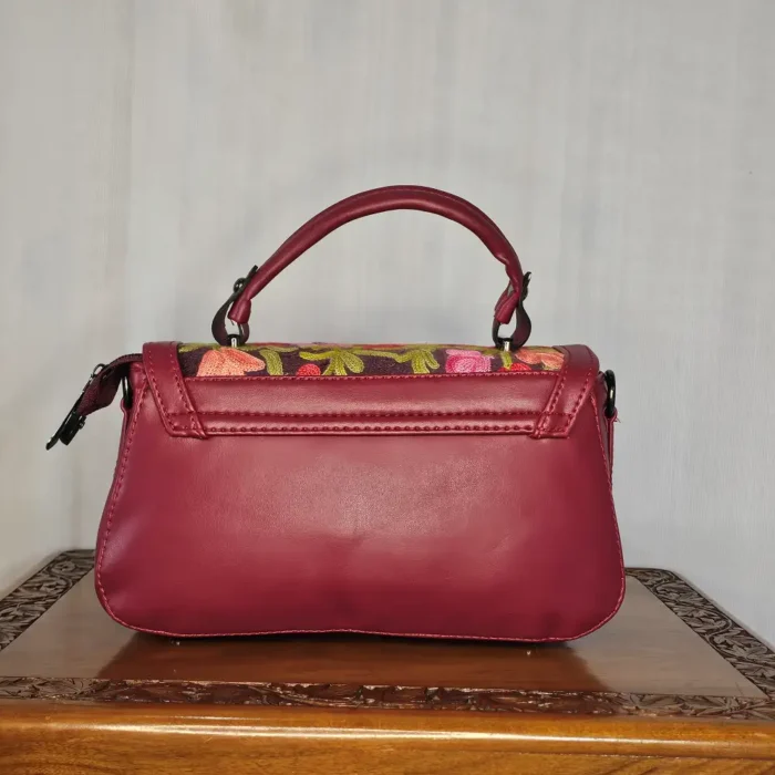 Kashmiri Small Maroon Handbag | Sling with Top Handle - Aari Work - Pahalgam Collection - Image 3